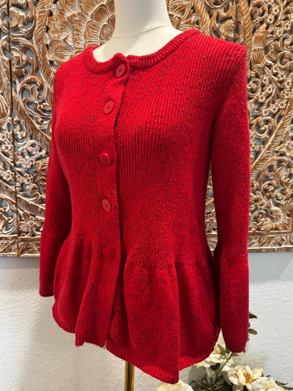 Coldwater Creek Red Peplum Button-Front Cardigan, Preppy Classic Academia- sz M - Picture 5 of 15